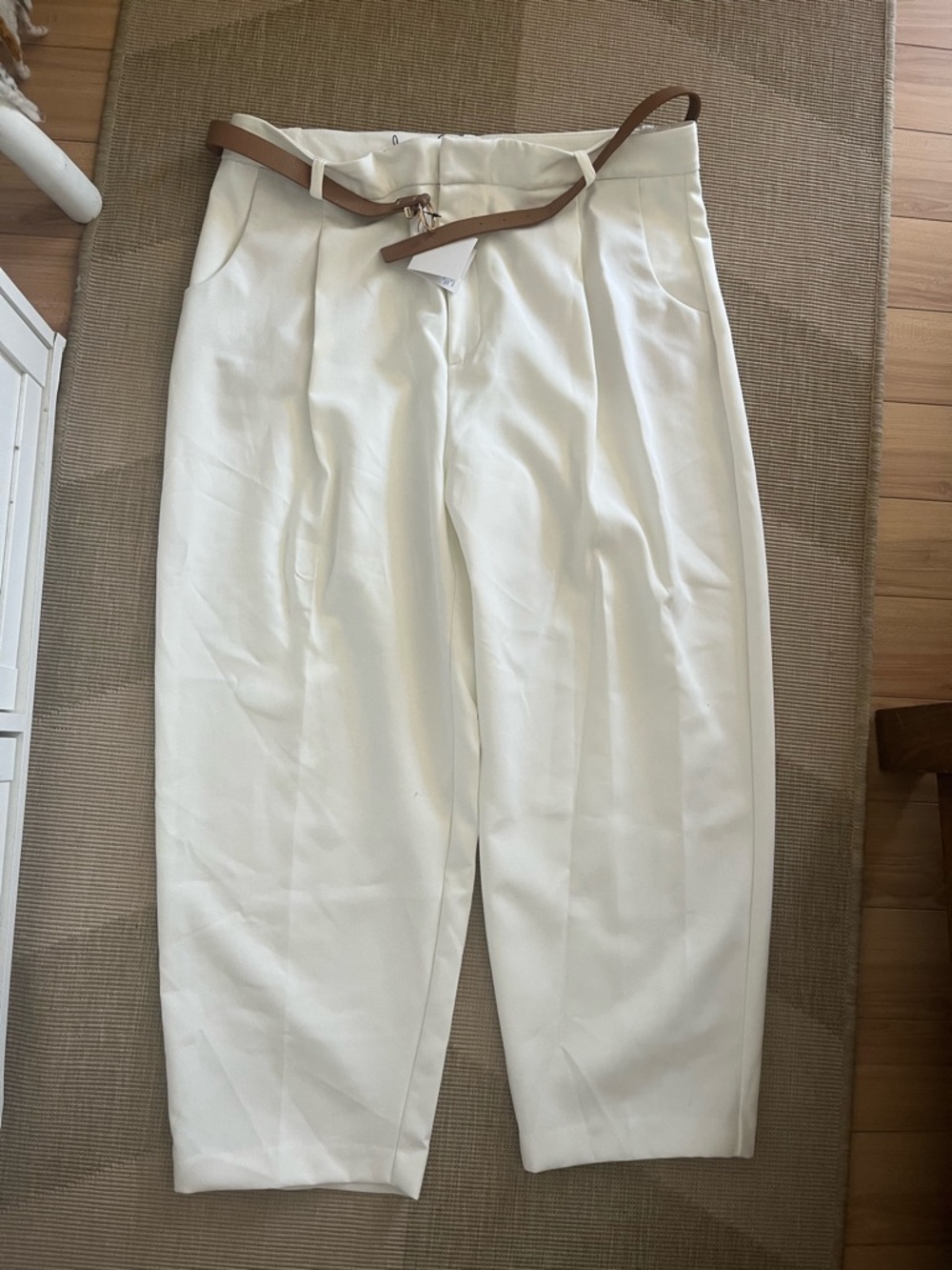 Zara Cream Wide-Leg Trousers with Black Waist Tag